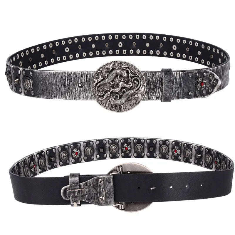 Men's black genuine leather belt with punk rivet details and a silver alloy smooth buckle.