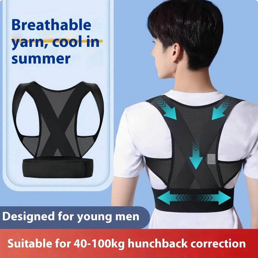 Men's adjustable hunchback corrector belt in beige or black for spine alignment and shoulder support
