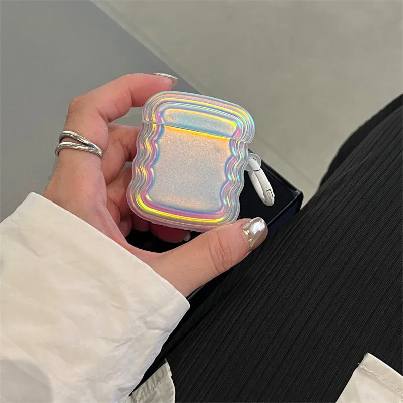 Silicone protective case for AirPods with a holographic magic laser and ring colour design.