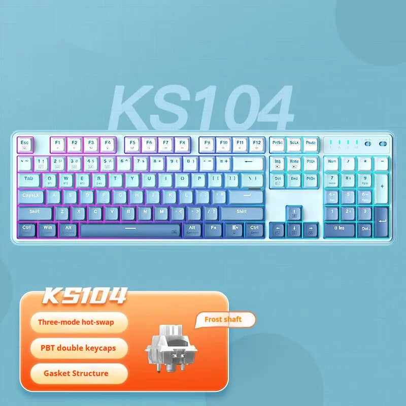 Three-mode mechanical keyboard with 104 keys in various colour options on a desk
