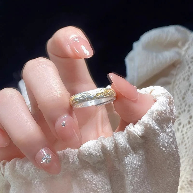 White copper open mouth ring with J14 Xiangyun geometric pattern and silver gold electroplated finish
