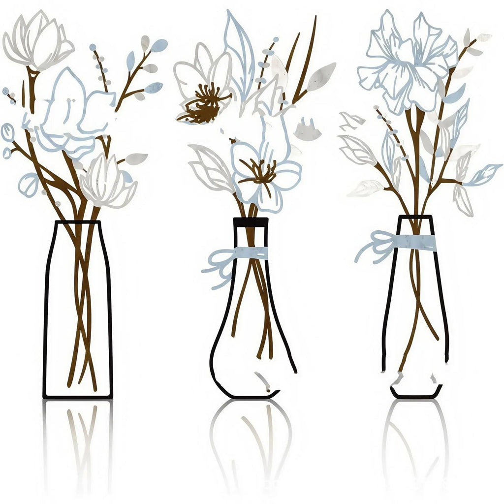 Three piece metal flower wall art set in alloy finish with colour vase holders for country farmhouse decor