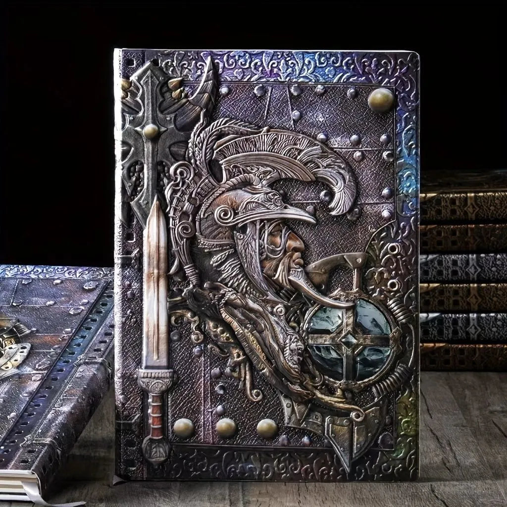 A5 leather notebook with embossed 3D warriors relief design on the cover, shown open.