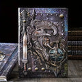 A5 leather notebook with embossed 3D warriors relief design on the cover, shown open.