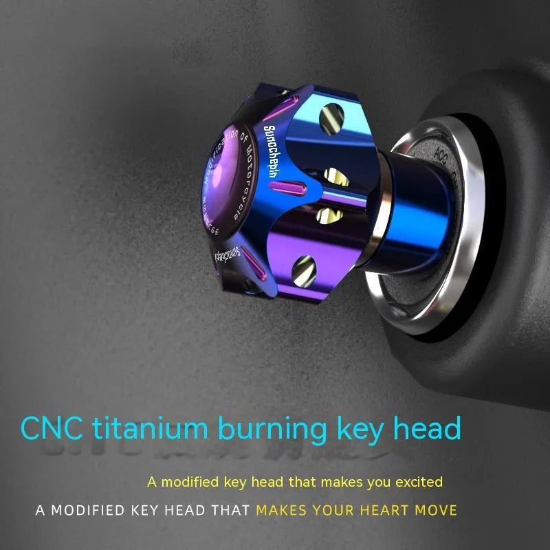 Motorcycle key head cover in T6 aluminium alloy showing hexagonal, five-pointed star and plum blossom designs