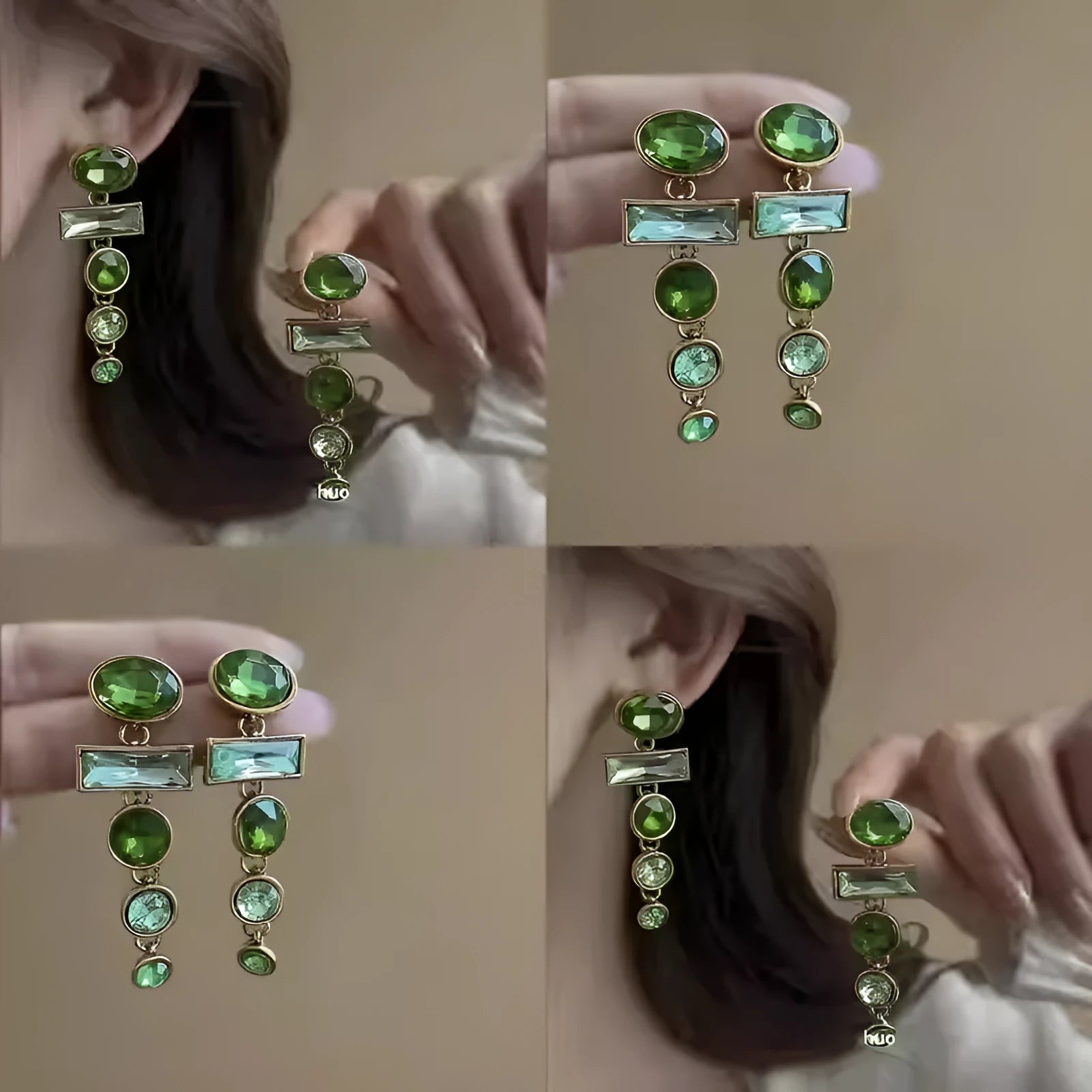 A pair of green gradient geometric alloy earrings with a tassel and inlaid zircon stones in a Chinese retro style.