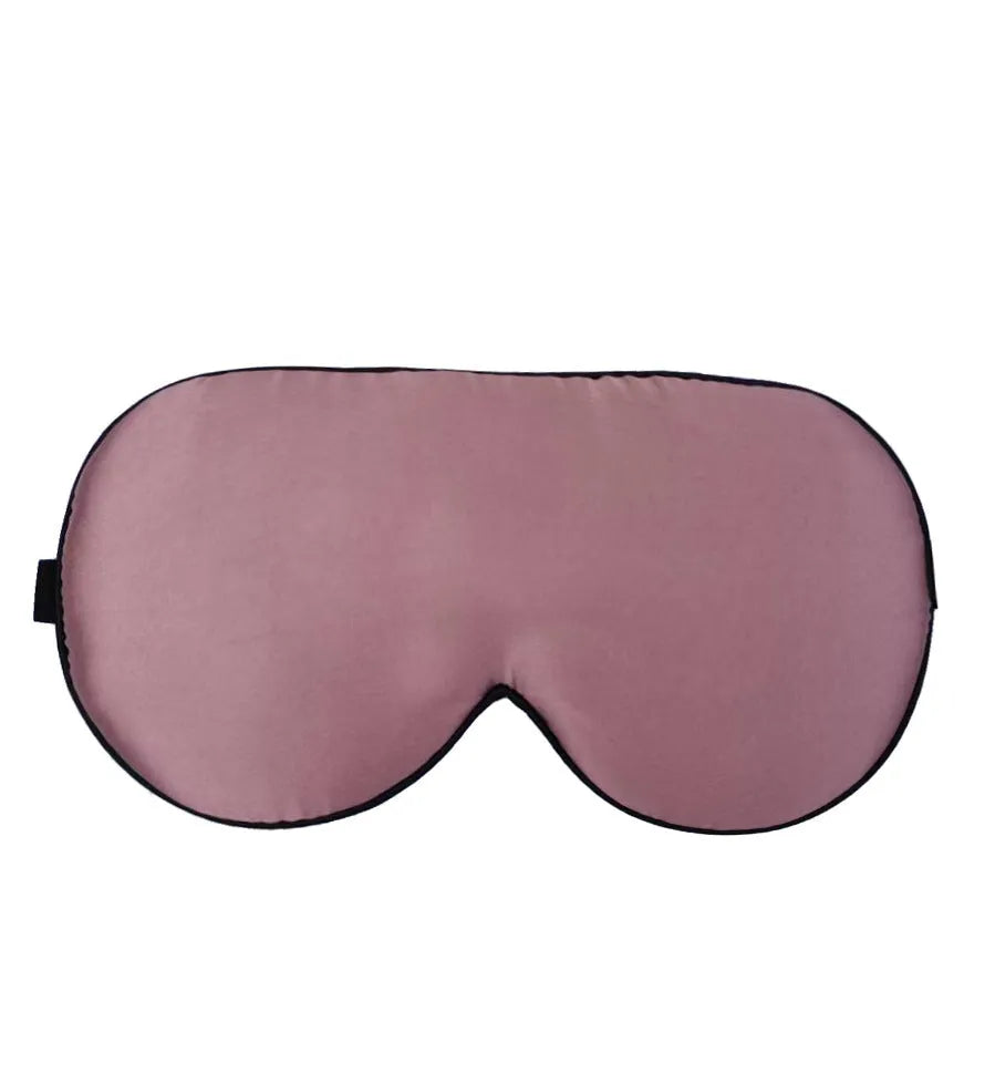 Double-sided mulberry silk eye mask showing embroidered print, in 22cm by 11cm size.