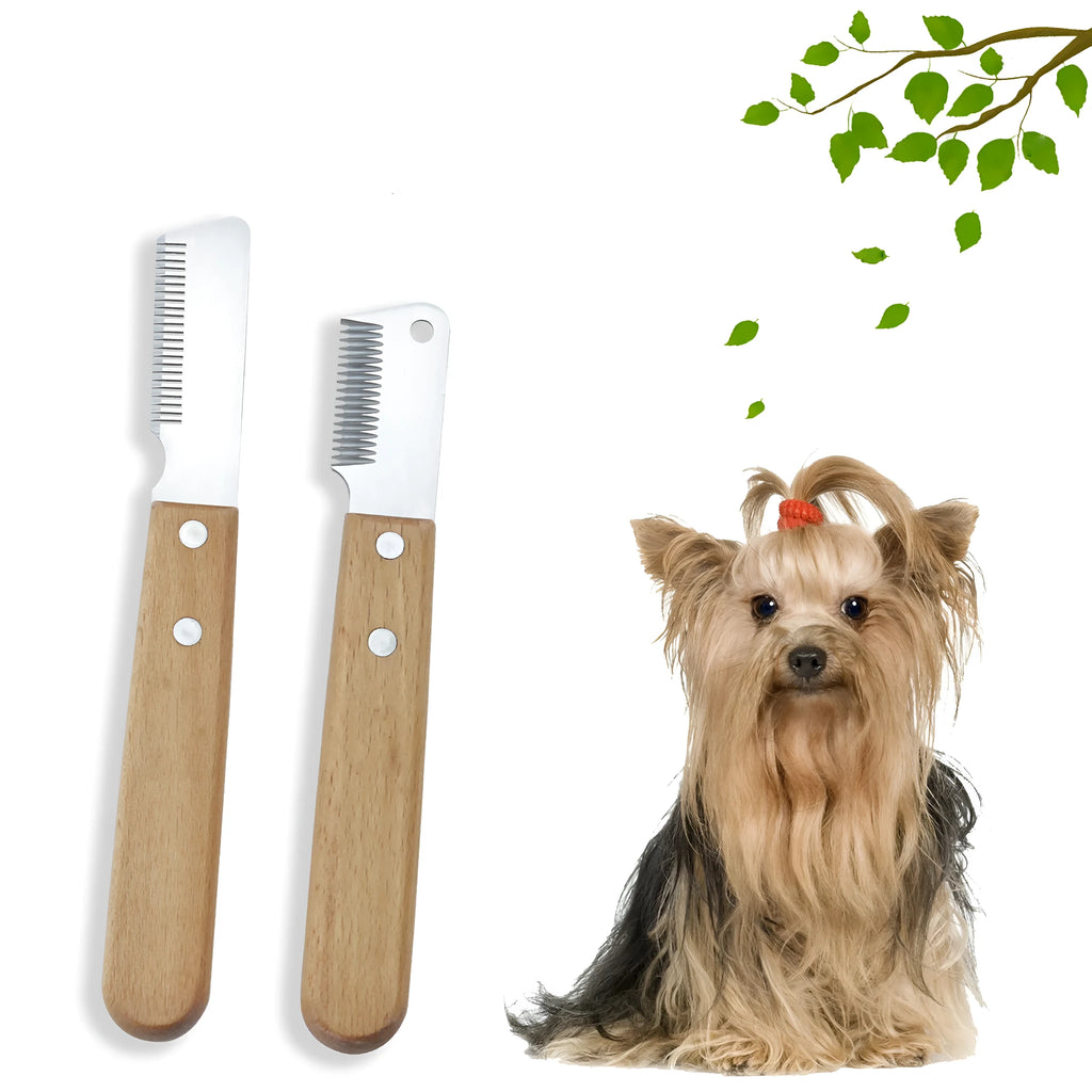 Wooden handled pet stripping comb grooming tool for dogs and cats on a table.
