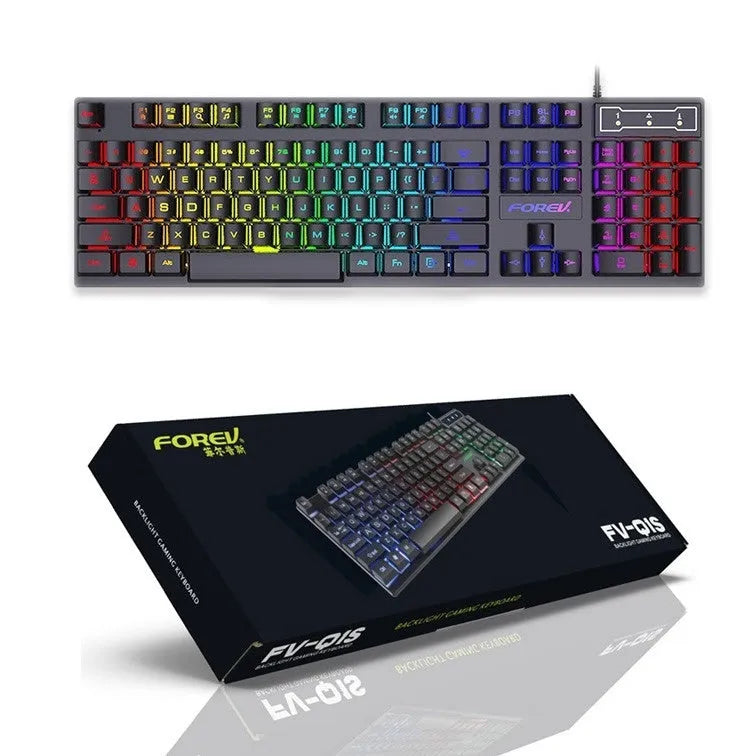 Wired keyboard with six-colour backlit luminous characters on black ABS frame, full-size layout with numeric keypad