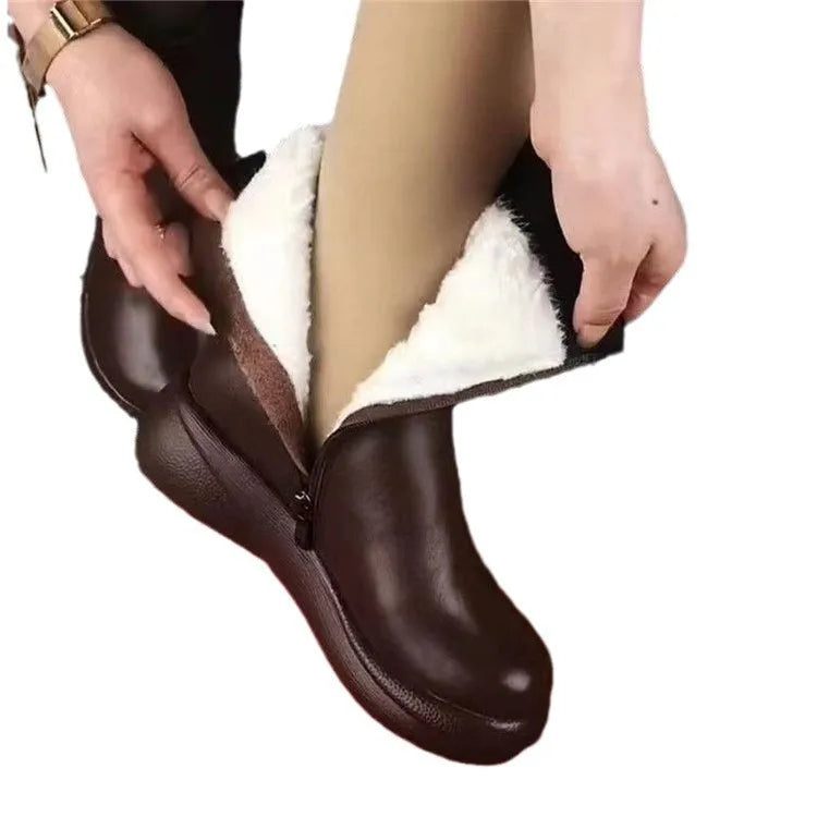 Retro cowhide flat boots with side zipper, metal and rhinestone decorations, brown colour