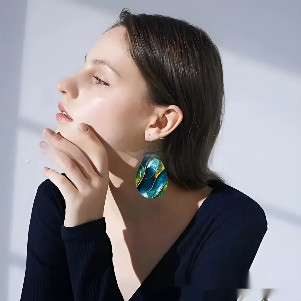 Acrylic flat branch knot earrings with printed detailing in drop shape, style 1 and 2 variants