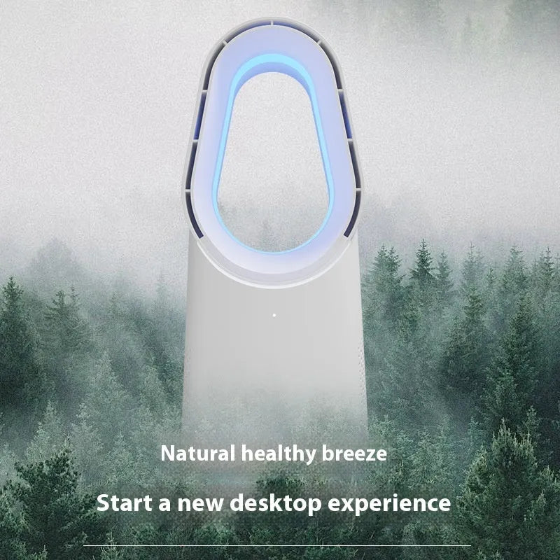 SK bladeless tower fan in white colour with remote control on wooden floor