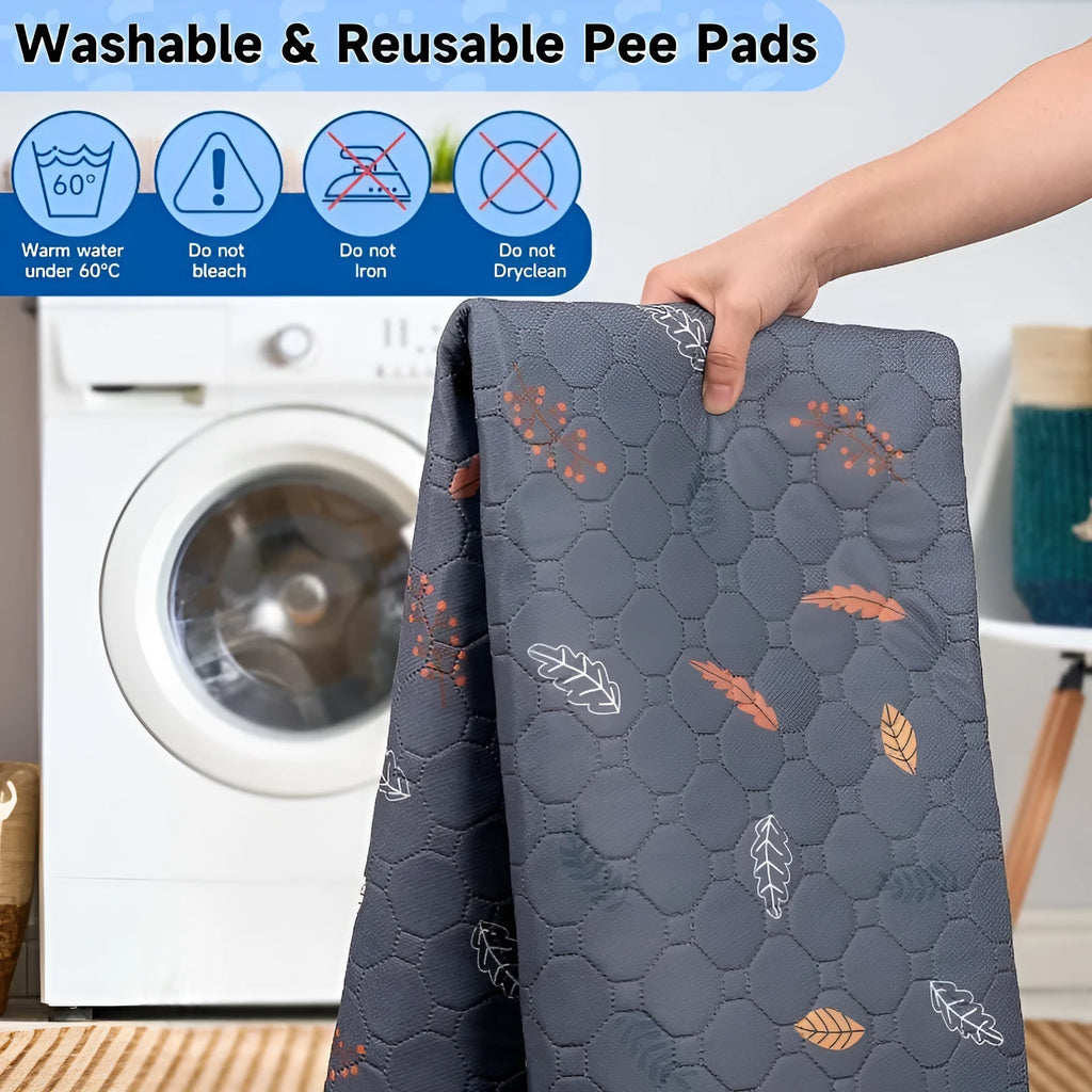 Breathable absorbent machine washable non-slip cloth dog training urine pad in dark grey leaves pattern on floor