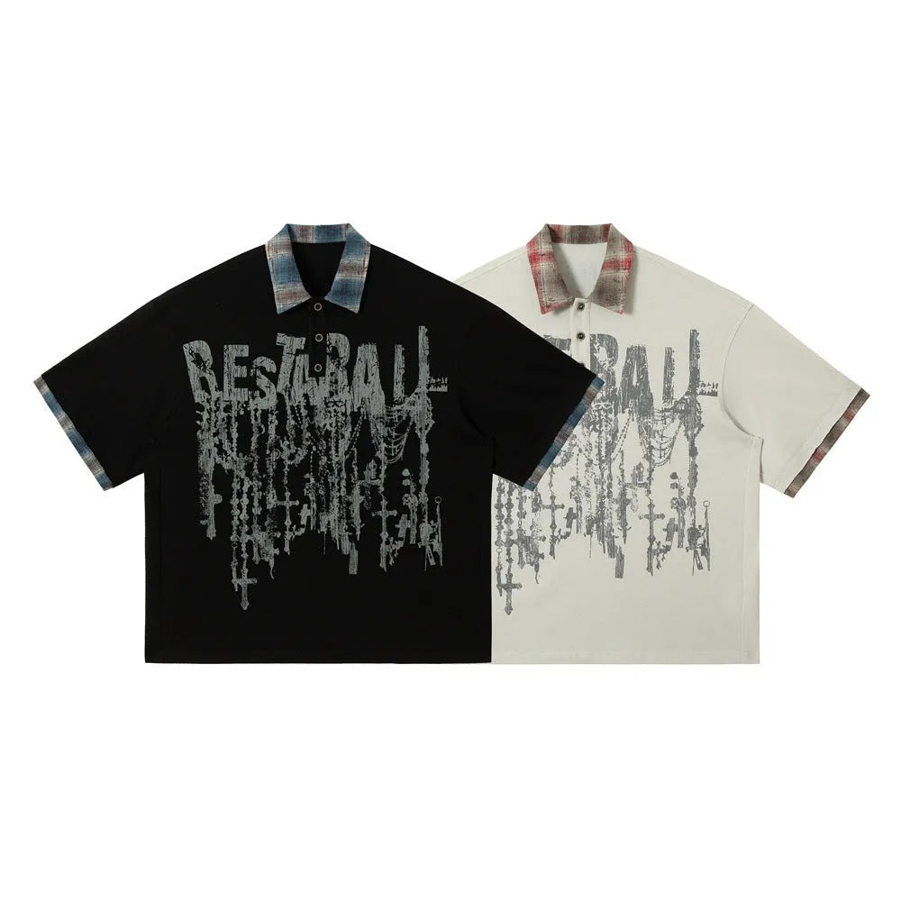 Men's loose fit cotton top with graffiti print on lapel and asymmetric design in blue or red.