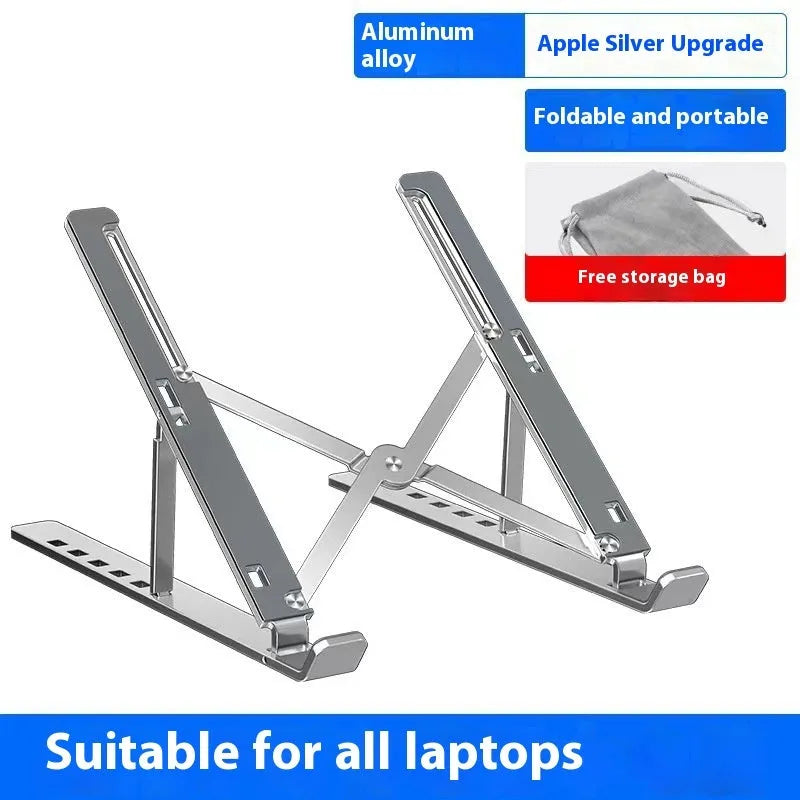 Silver aluminium alloy folding laptop stand with silicone padding for 16-inch or 18-inch devices