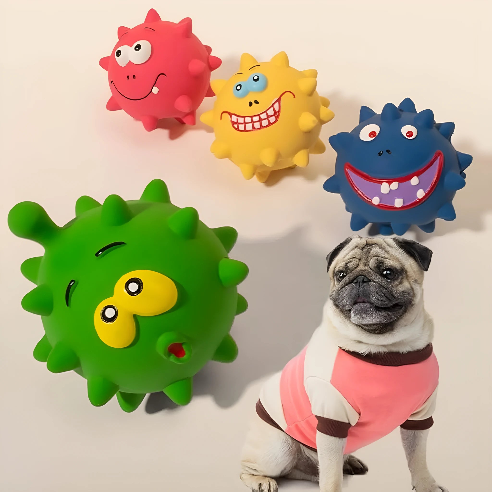 Four colourful natural latex dog balls with squeaky features and cute animal faces