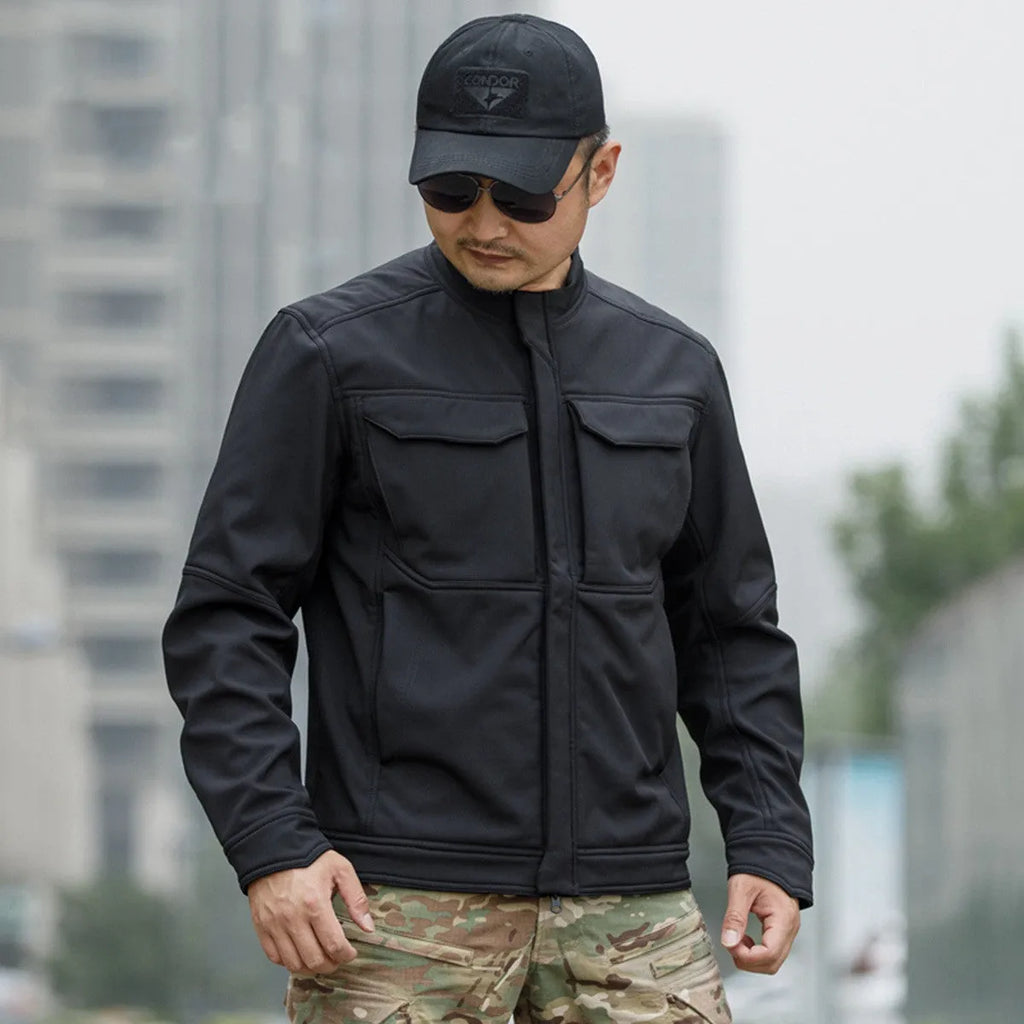 Black tactical soft shell mountaineering jacket for outdoor camping and winter sports