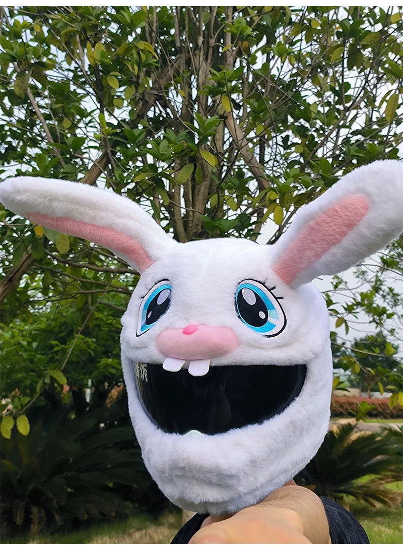 Long Eared Rabbit White plush helmet cover with decorative rabbit head design for electric motorcycles