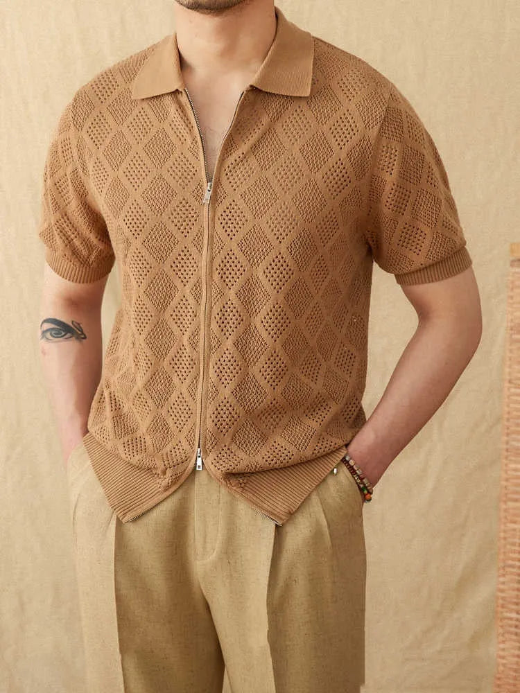 Cotton lapel cardigan top with zip front closure in light brown colour on hanger