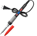 Grey 90W electric soldering iron kit with ceramic heating core, five tips, tin wire, sponge, and holder.