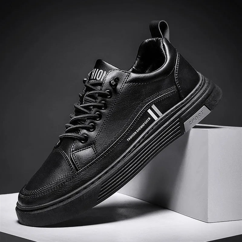 Men's low-top white skateboard shoes with elastic band closure and microfiber upper.