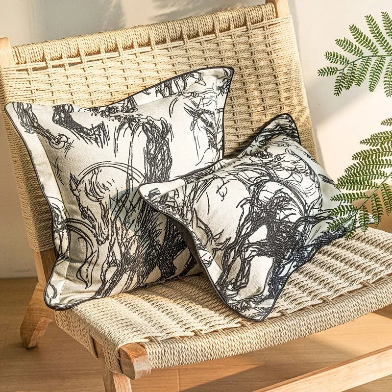 Modern abstract golden horse design jacquard cushion in black, white, golden yellow, or purple on a sofa.