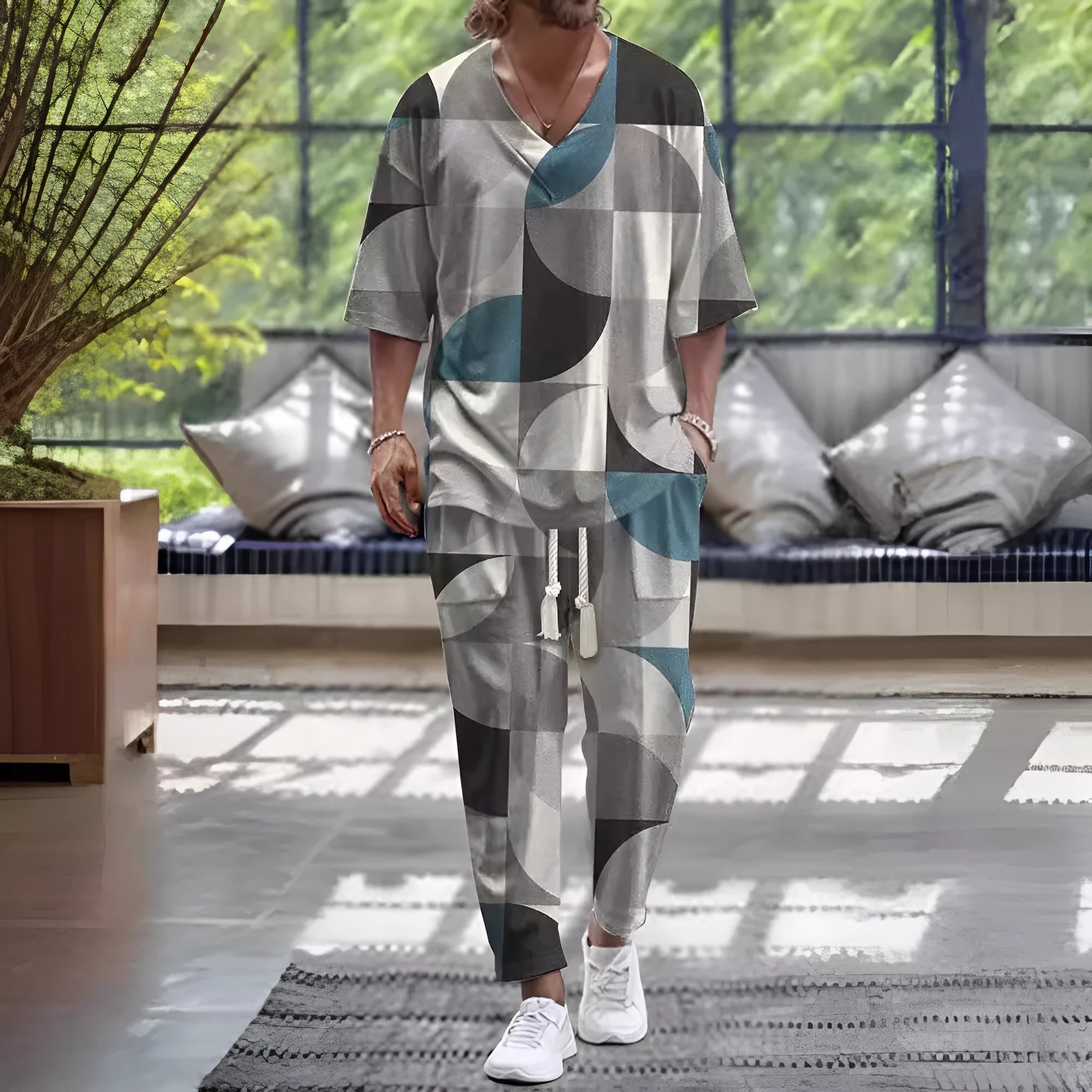Cropped sleeves v-neck trousers suit in thin polyester fabric with coordinating jacket and trousers