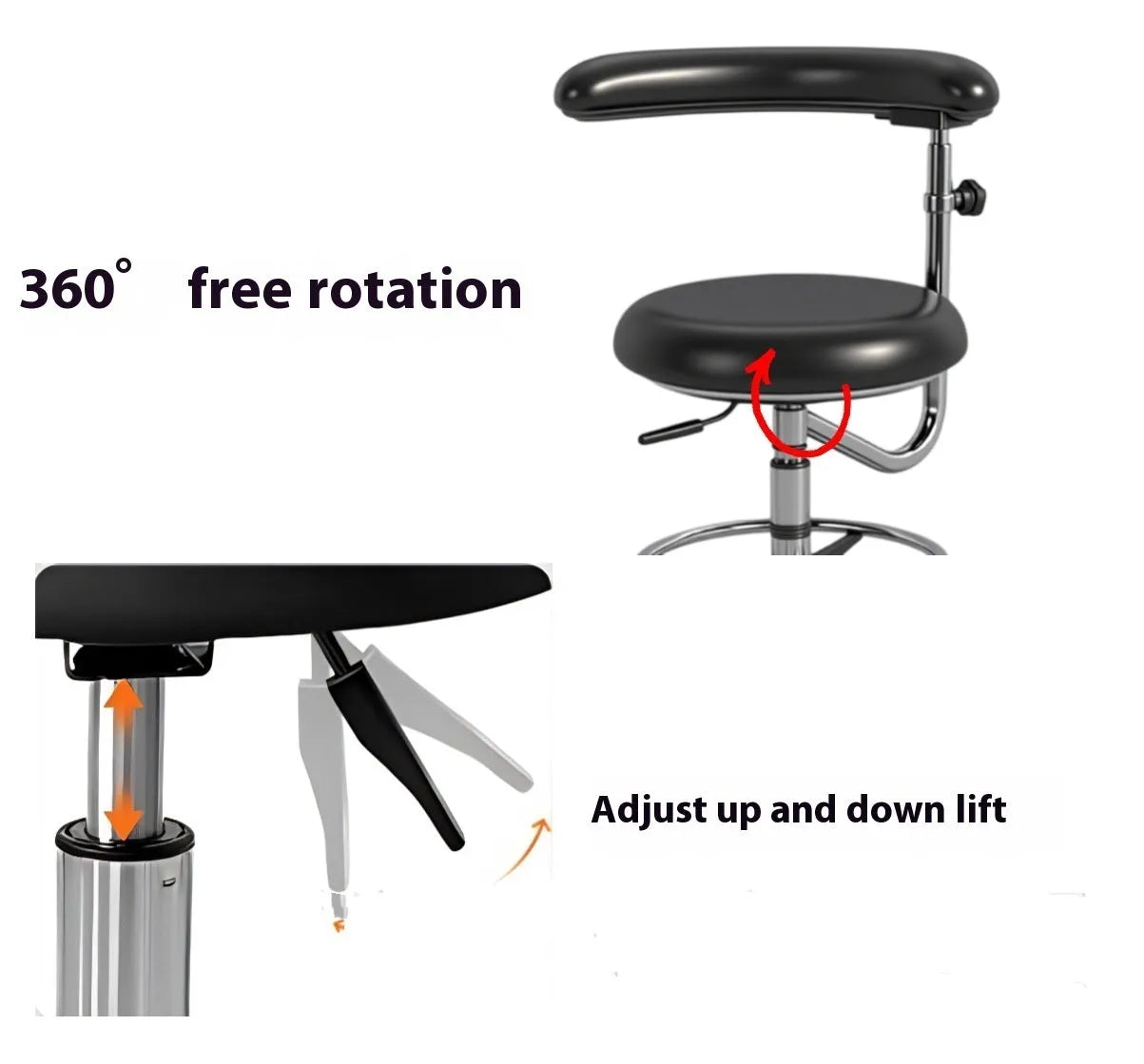 Black leather dental nurse chair with electric seat lift mechanism