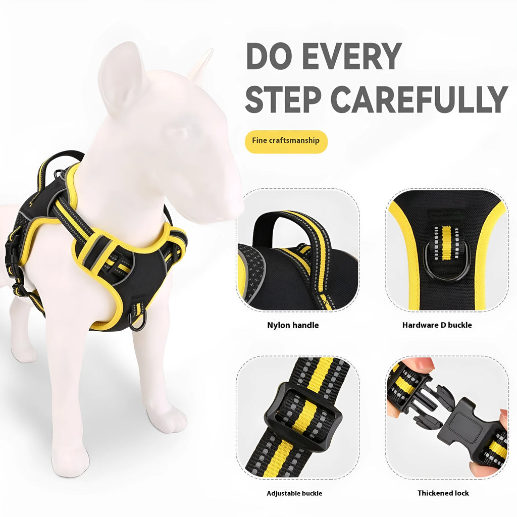 Orange anti-escape dog harness and traction lead set shown on size chart for S, M, L.