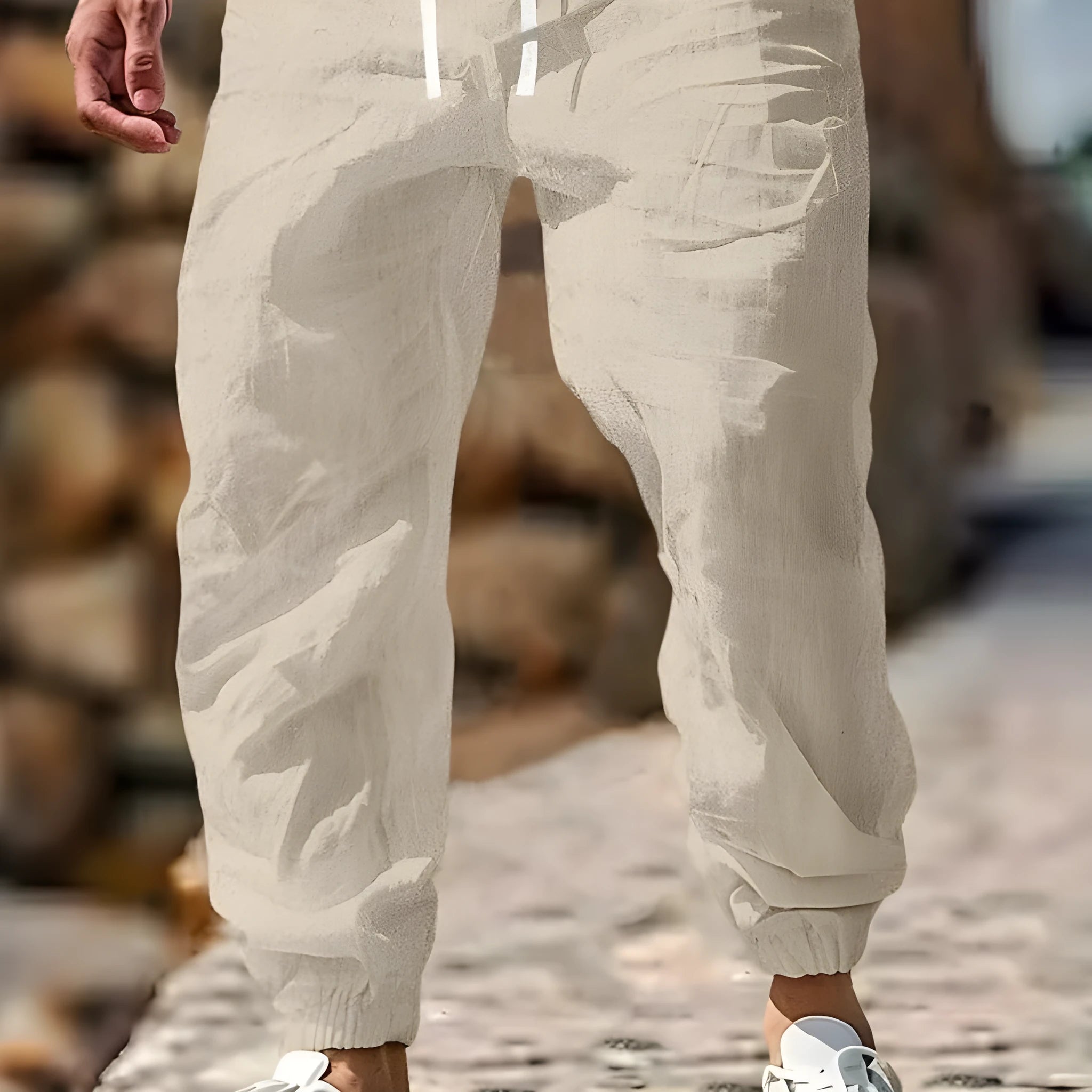 Men's straight-leg linen trousers with elastic waistband in army green colour
