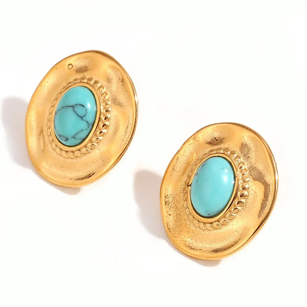Retro geometric oval stud earrings in stainless steel with electroplating finish