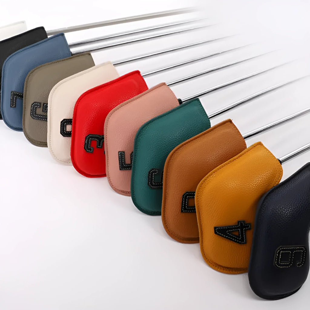 Set of 10 digital printed golf club head covers in various designs for outdoor sports use