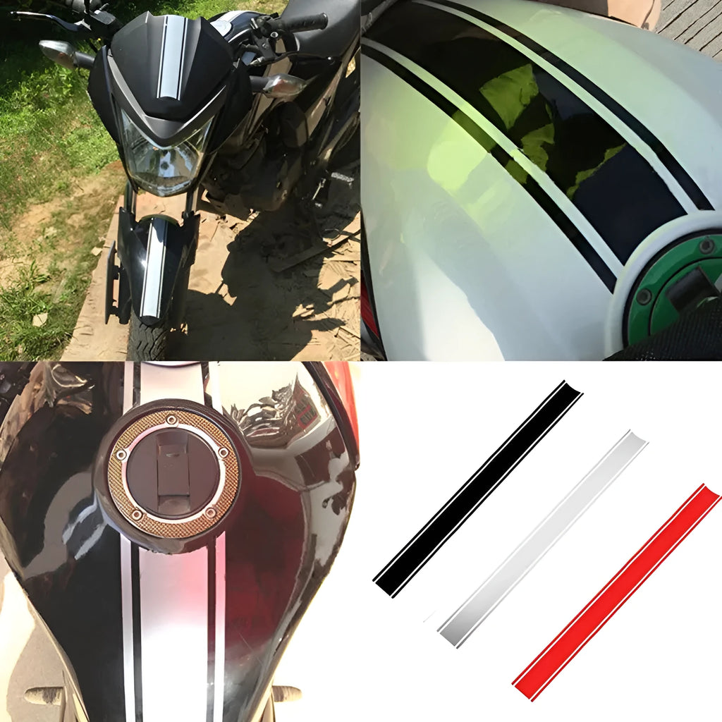 Motorcycle gas tank lid reflective pinstripe stickers in four colours showing dimensions and application