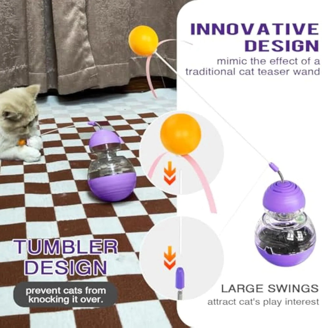 Interactive cat toy with slow food dispenser, teaser wand, and rocking base in pink, purple, or yellow