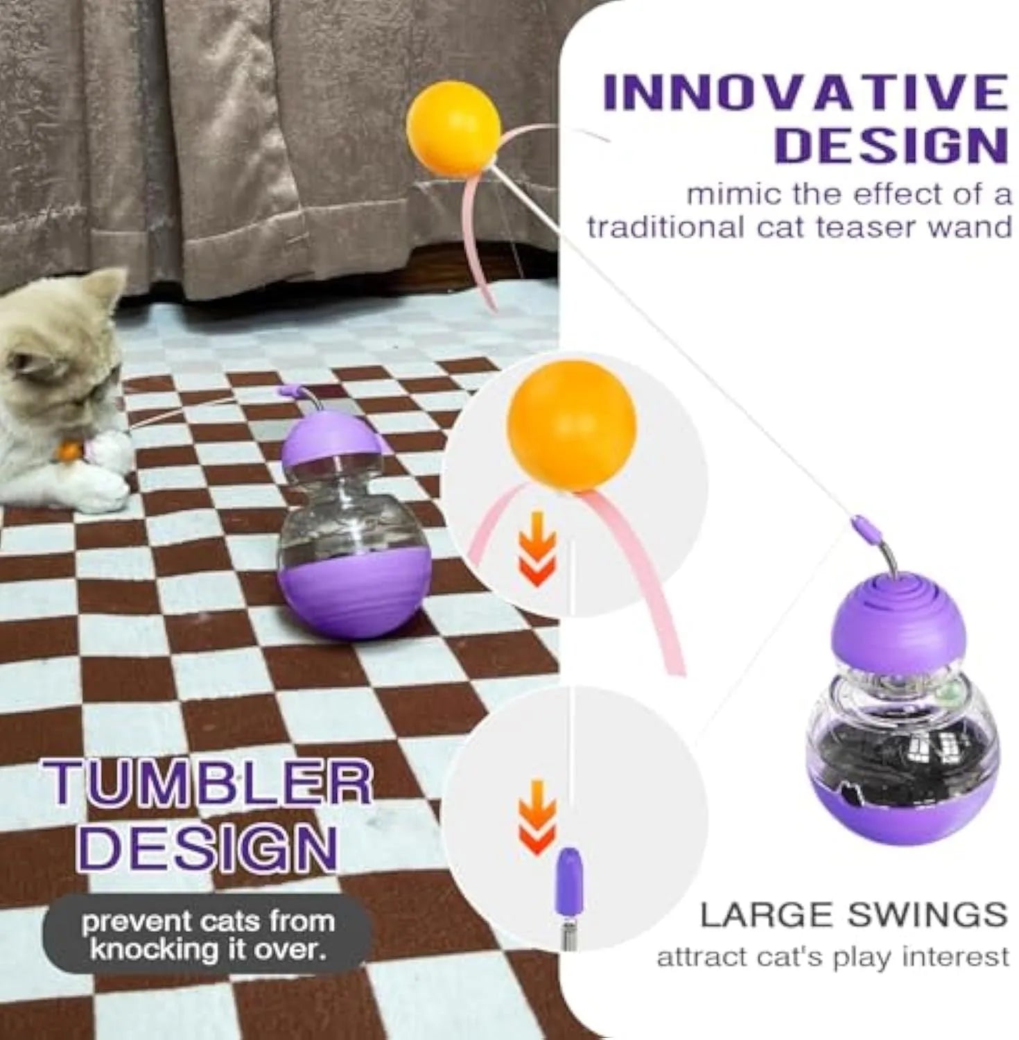 Interactive cat toy with slow food dispenser, teaser wand, and rocking base in pink, purple, or yellow