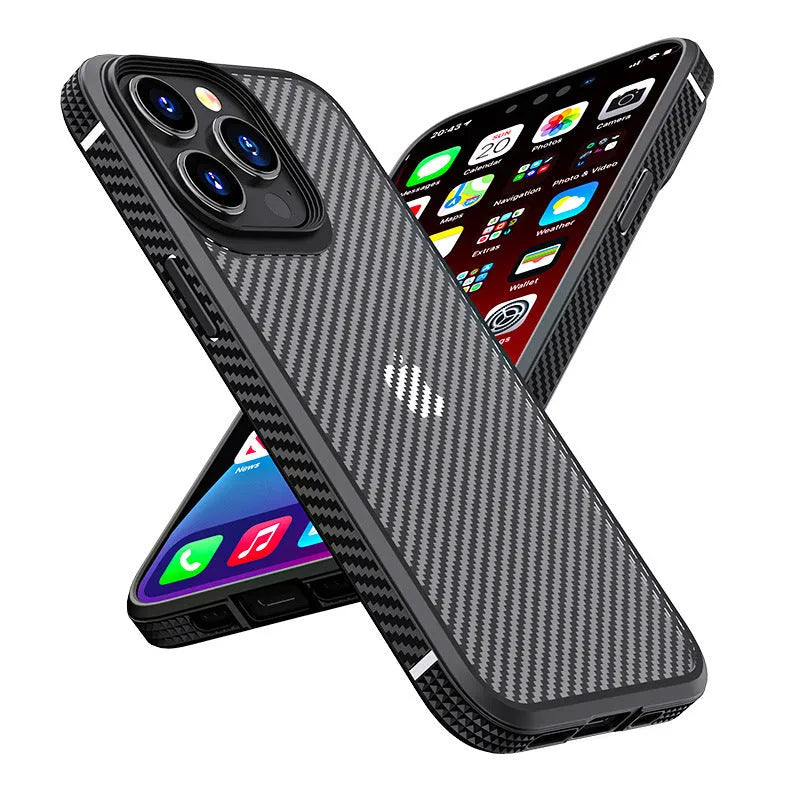 Black and blue anti-fall protective cases for iPhone 13 series with carbon fibre pattern