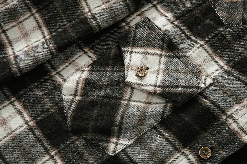 Men's long sleeve flannel plaid shirt jacket with corduroy contrast design on cuffs and collar, black colour