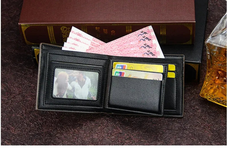 New men's PU leather tri-fold wallet in horizontal square shape with splicing detail, shown in black