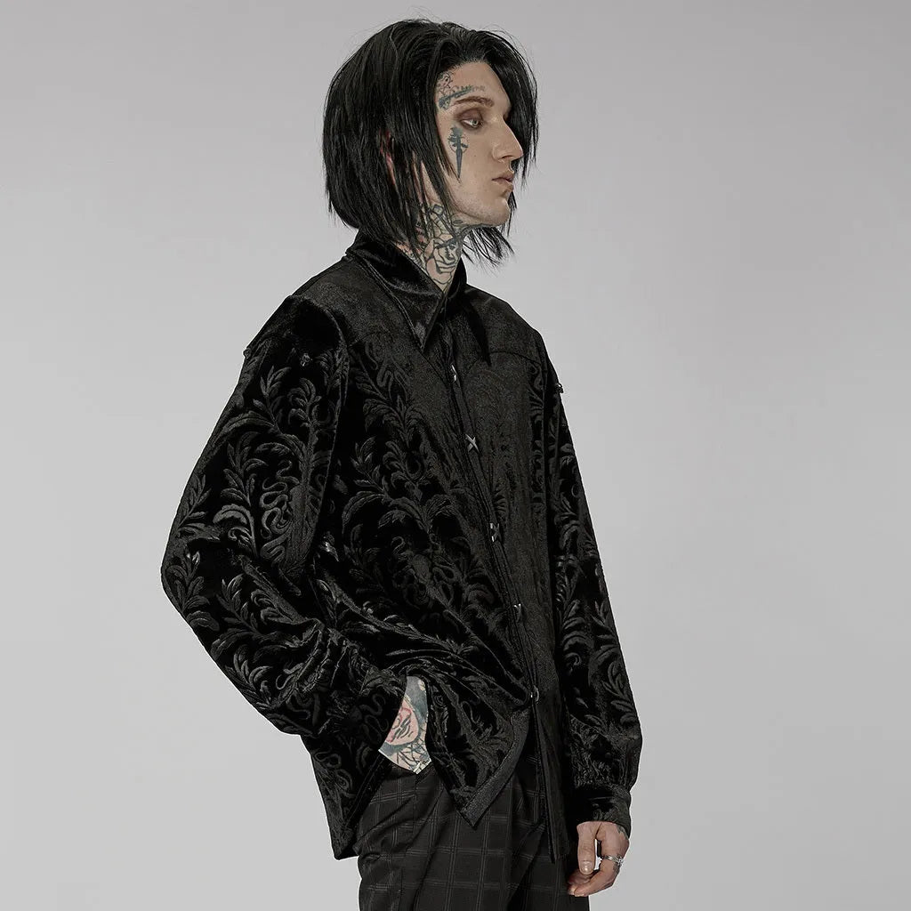 A black men's long-sleeve velvet shirt with a pointed collar in a British preppy style.