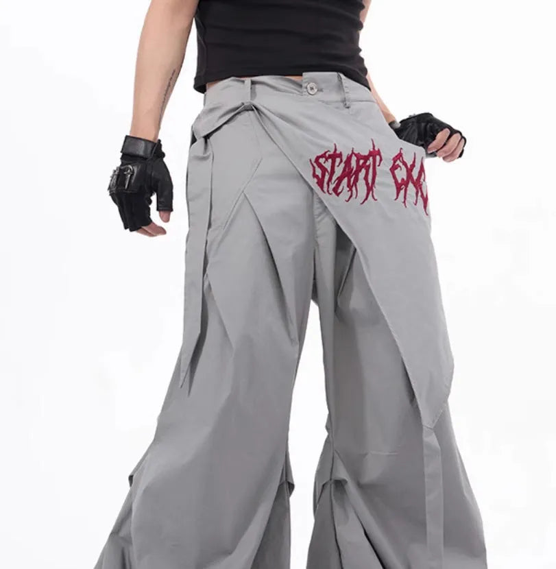 Boys black and grey wide leg summer pants with loose Korean style fit
