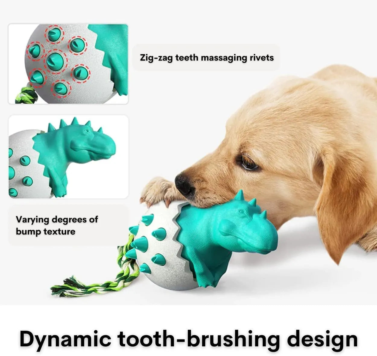Durable dinosaur design dog chew toy with rope in blue, green, orange, or yellow colours