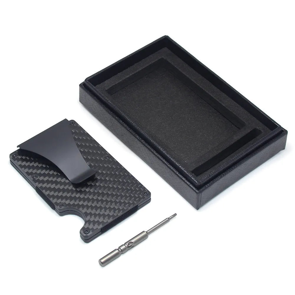 Carbon fibre card wallet in black showing geometry design with multiple card slots at 8mm thickness