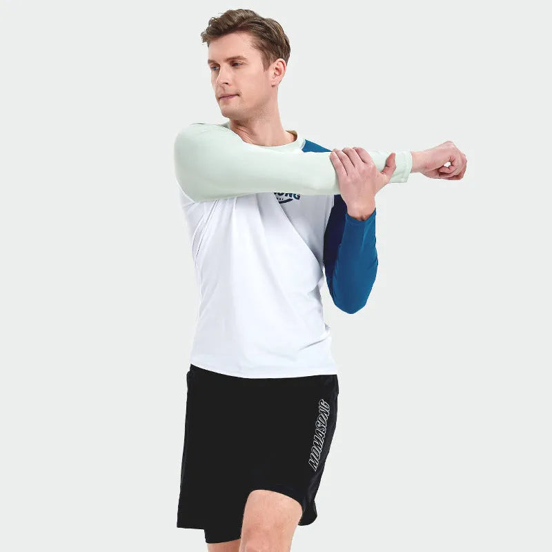 White long-sleeved swim top with matching double layer beach trunks for men