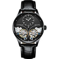 Men's automatic watch with black dial, tourbillon, moon phase, on a steel bracelet.