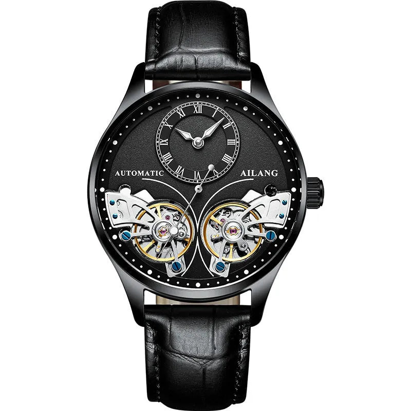 Men's automatic watch with black dial, tourbillon, moon phase, on a steel bracelet.