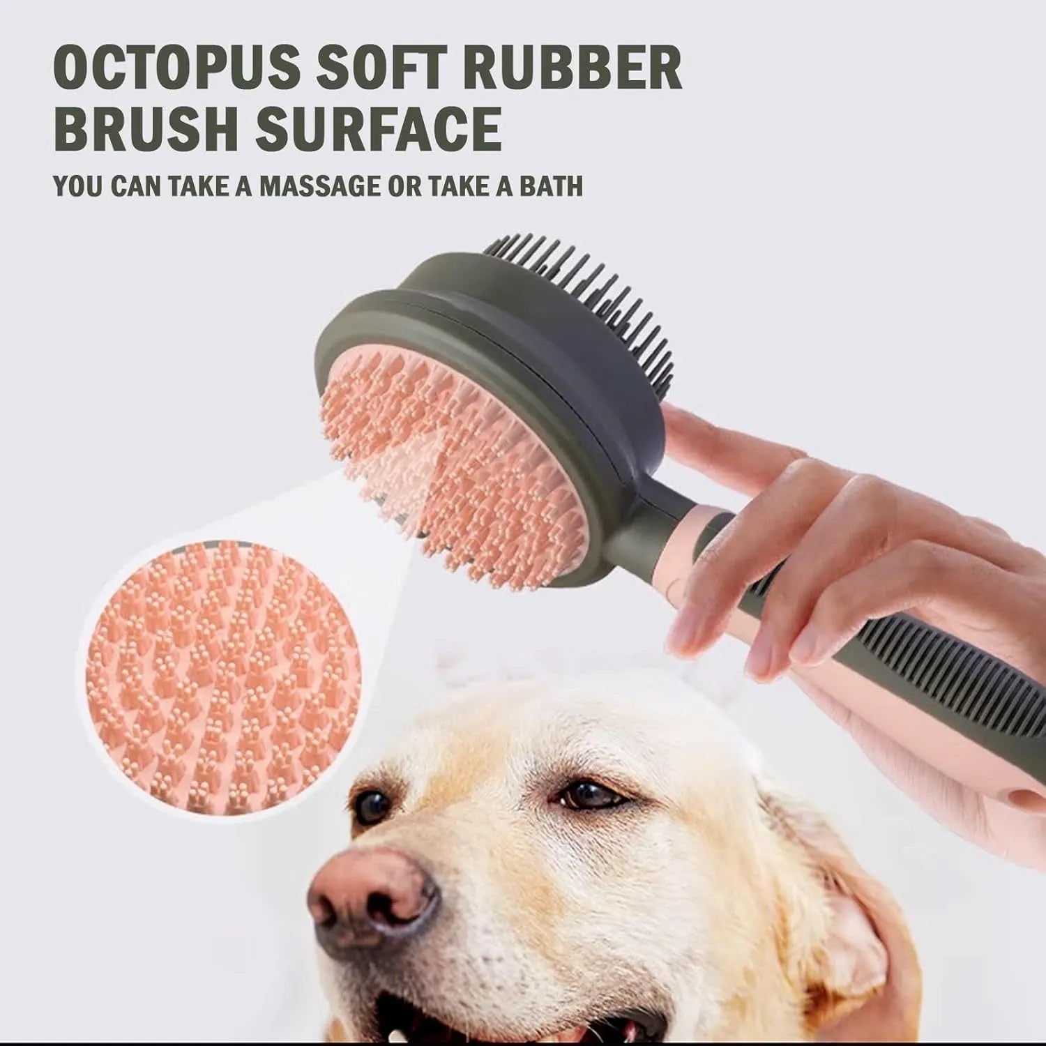 Double-sided cat brush with release button and flea comb in green or pink colours