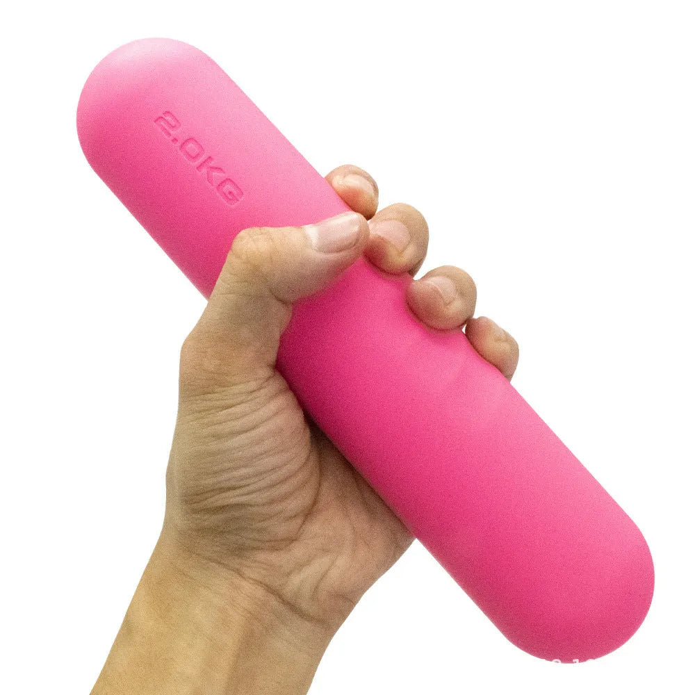 A hand-drawn cast iron dumbbell stick with a silicone non-slip edging, shown in various colours and weights.