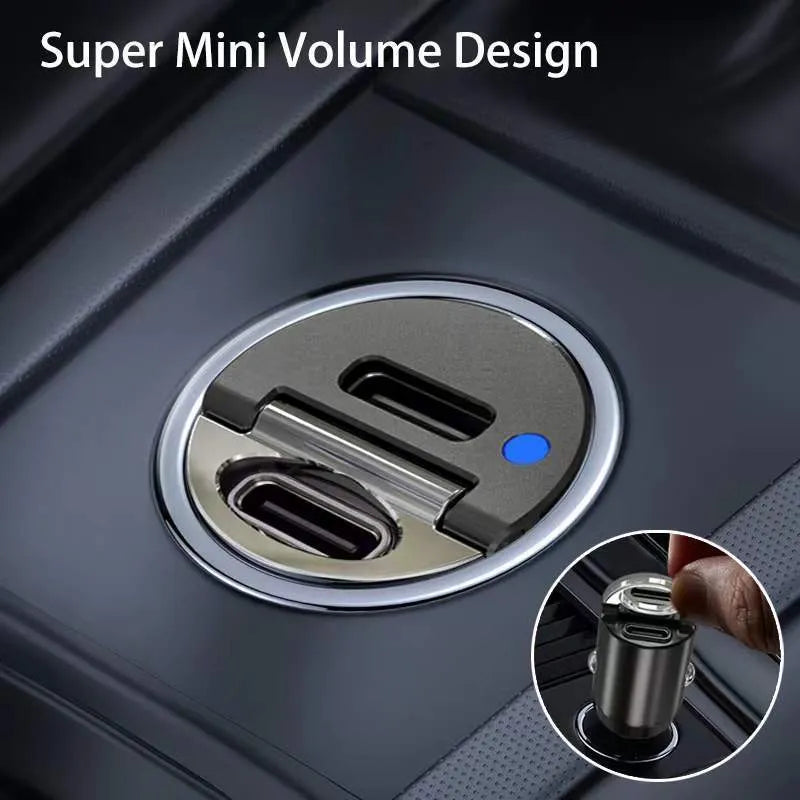 Mini zinc alloy car charger with dual USB-C ports for 30W fast charging