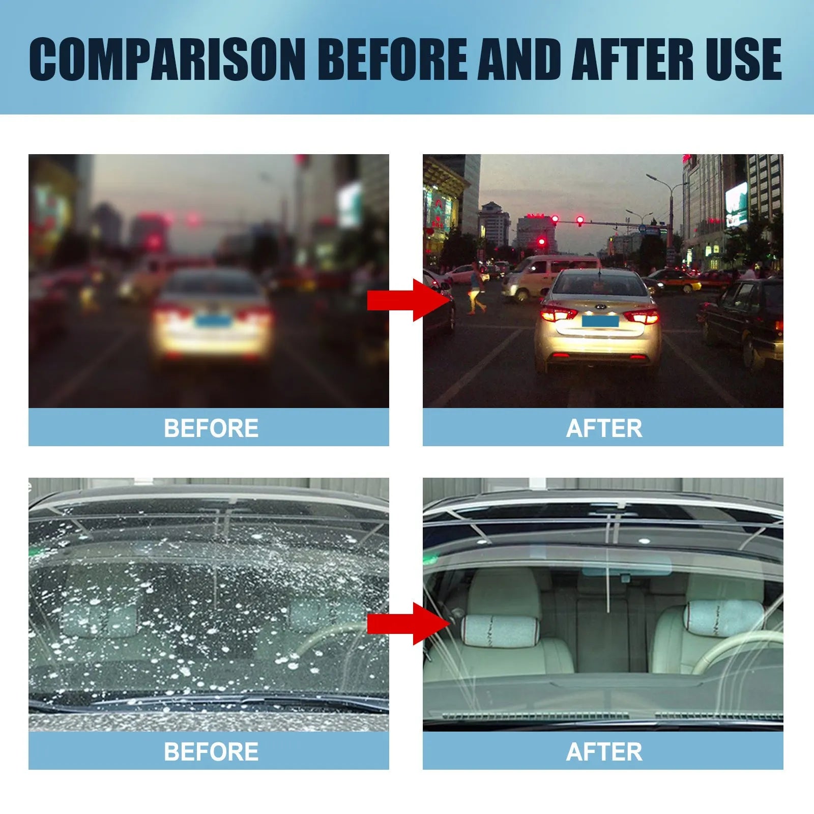 Blue packaged car glass oil film remover bottle and sponge for cleaning windscreens and windows