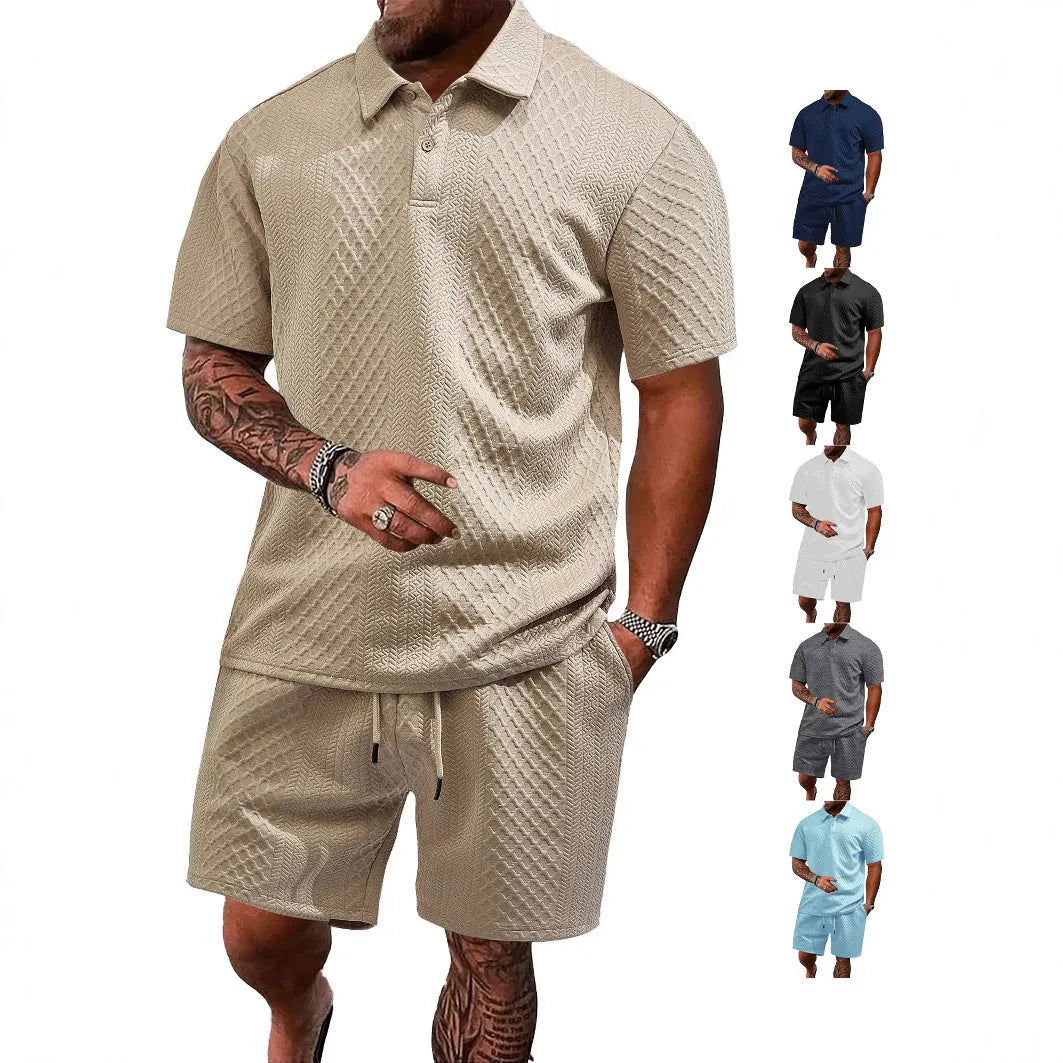 Men's thin short sleeve casual suit in polyester figured cloth with matching trousers